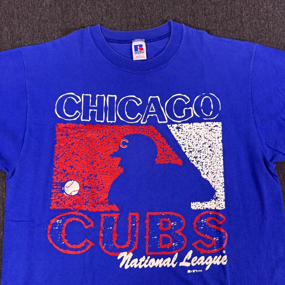 Vintage 90s MLB Russell Athletic Mens Blue Chicago Cubs Baseball T-Shirt Size L